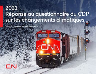 Train CN en hiver.  Couverture du rapport CDP 2021